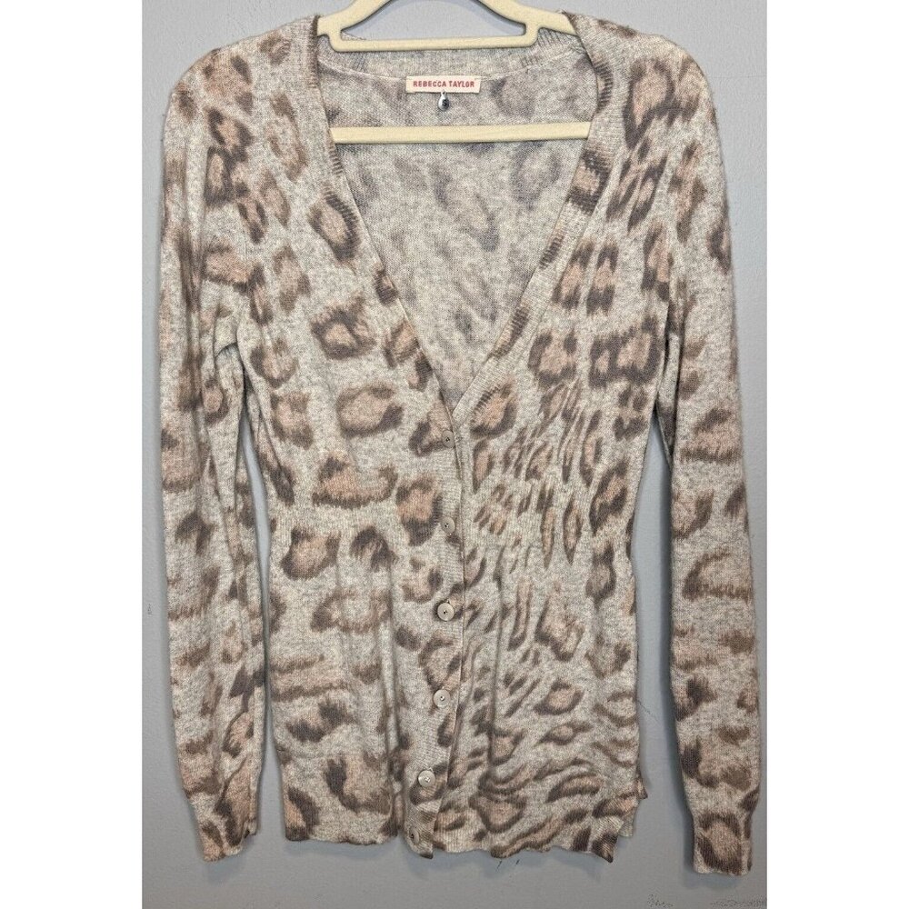 Rebecca Taylor Leopard Sweater Cardigan Small Wool Cashmere V Neck Button Front